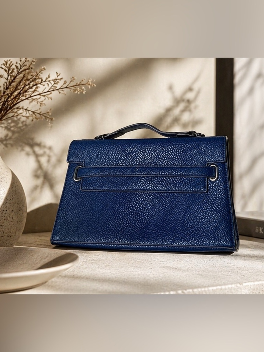 Navy Blue Pebbled Leather Top Handle Satchel